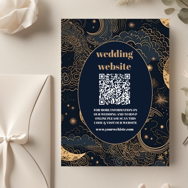 Cartão De Informações código qr Casamento Celestial Azul Meia-Noite Dour (Criador carregado)