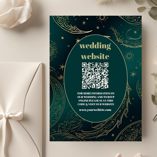 Cartão De Informações código qr Casamento Celestial Esmeralda Verde Dour (Criador carregado)