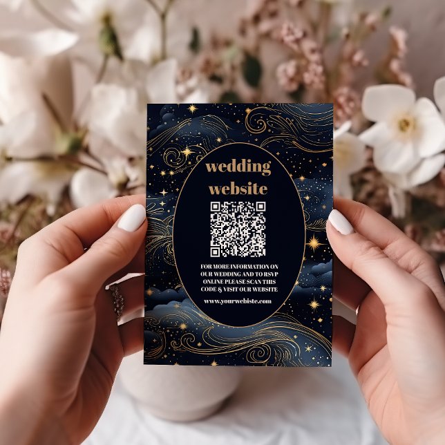 Cartão De Informações código qr Casamento Estrelas Azul Celestial Lua (Criador carregado)