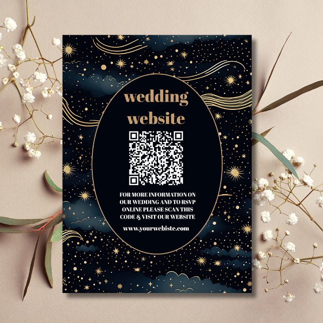 Cartão De Informações código qr Casamento Estrelas Azul Celestial Lua (Criador carregado)