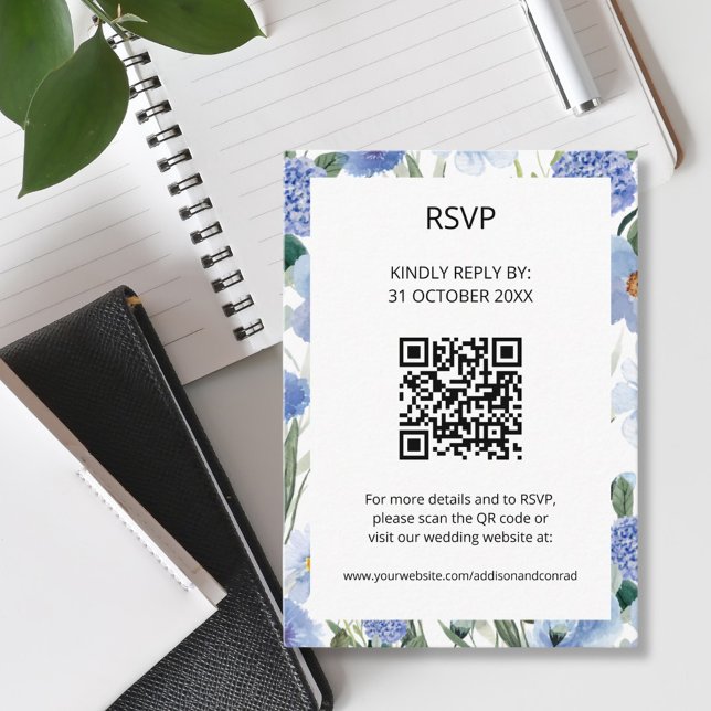 Cartão De Informações Código QR Casamento Floral Aquarela Azul RSVP (Criador carregado)