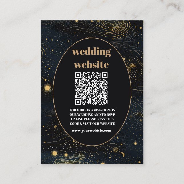 Cartão De Informações código qr Casamento Lua Crescente Celestial Dourad (Frente)