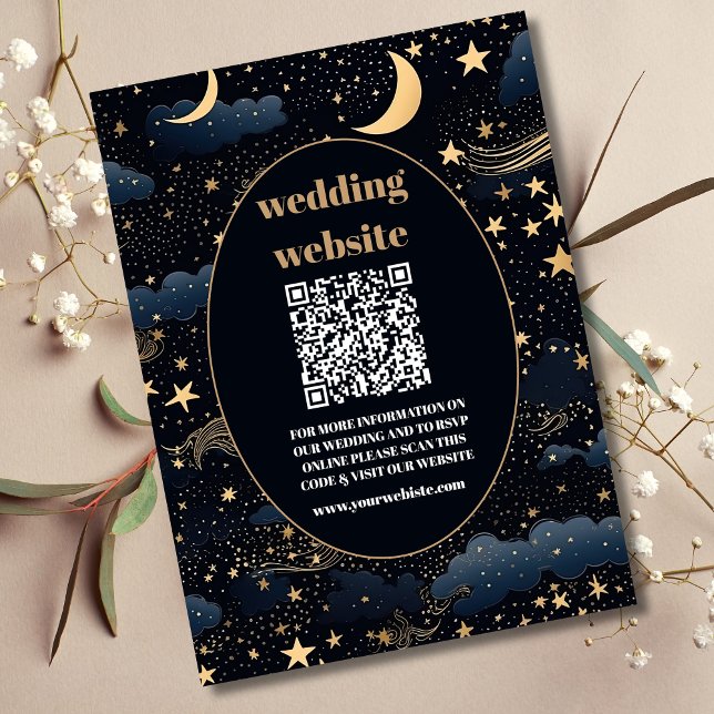 Cartão De Informações código qr Casamento Lua Estrelas Azul Meia-Noite C (Criador carregado)