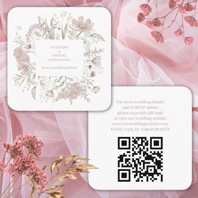 Cartão De Informações Código QR & Casamento RSVP do Moderno Elegante Flo (Criador carregado)