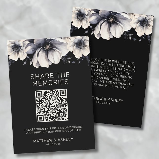 Cartão De Informações Código QR - Compartilhamento de Casamentos Negros  (QR Code Elegant Black Floral Wedding Share Photos Enclosure Card)