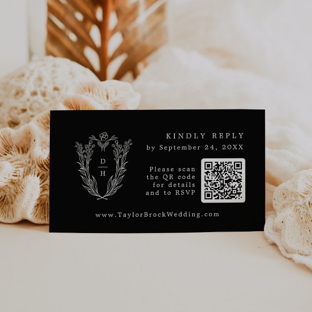 Cartão De Informações Código QR DAPHNE Chic Black Black Negra Placas RSV (DAPHNE QR Code Chic Dark Black Wedding RSVP Cards)