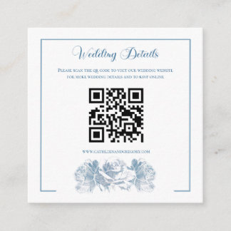 Cartão De Informações Código QR de Caligrafia Azul Empoeirado Casamento