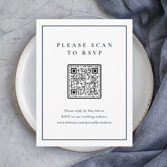 Cartão De Informações Código QR de Casamento Azul de Marinho Elegante Cl (Elegant Navy Blue and White Wedding QR Code Rsvp Enclosure Card.)