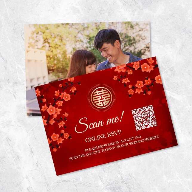 Cartão De Informações Código QR de Casamento Chinês RSVP Online (Criador carregado)