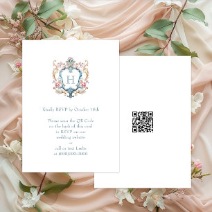 Cartão De Informações Código QR de Casamento com Brasão Floral Monograma
