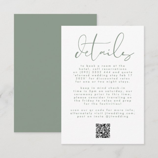 Cartão De Informações Código QR de casamento com texto neutro em verde s (Frente/Verso)