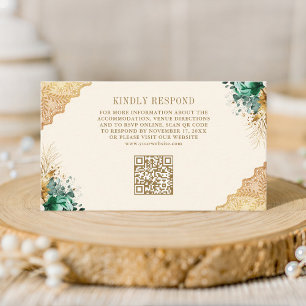 Cartão De Informações Código QR de Casamento de Creme Dourado do Emerald