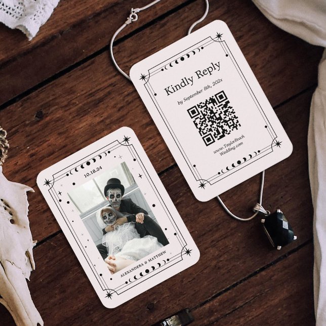 Cartão De Informações Código Qr de Casamento de Halloween Preto e Branco (Criador carregado)
