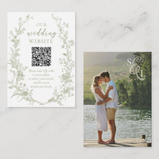 Cartão De Informações Código QR de Casamento em Verde Sage com Coroa Flo