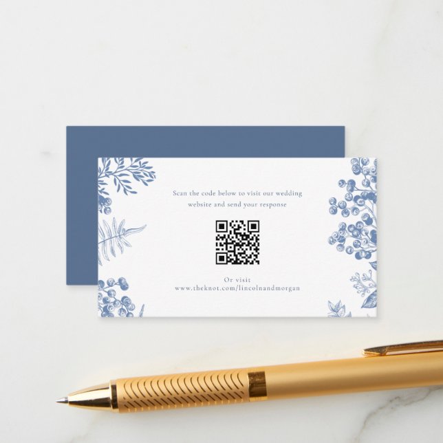 Cartão De Informações Código QR de Casamento Floral Azul Elegante Francê (Frente/Verso In Situ)