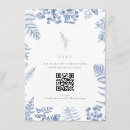Cartão De Informações Código QR de Casamento Floral Azul Elegante Francê