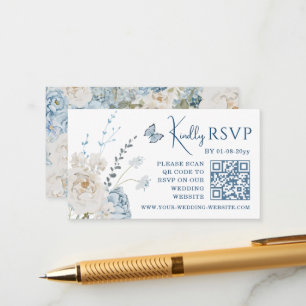 Cartão De Informações Código QR de Casamento Floral Romântico Azul RSVP