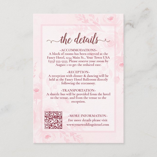 Cartão De Informações Código QR de Detalhes de Casamento Pink Boho Peoni (Frente)
