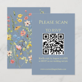 Cartão De Informações Código QR de Flor Azul Simples e Casamento RSVP