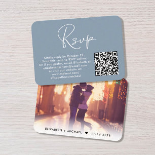 Cartão De Informações Código QR de Foto Moderno Casamento RSVP Dusty Blu