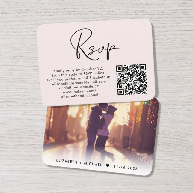 Cartão De Informações Código QR de Foto Moderno Casamento RSVP Rosa (Criador carregado)