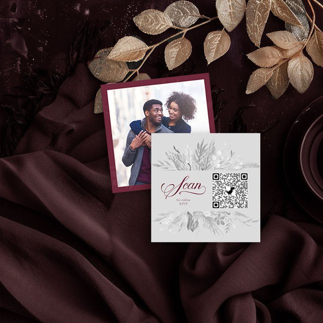 Cartão De Informações Código QR de Foto Online RSVP Borgonha Cinza Botân (Photo QR Code Insert Card in Burgundy and Grey from the Foliage Duet Collection by Darling & May)