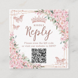 Cartão De Informações Código QR de Quinceanera em Rosa Dourado com Flor 