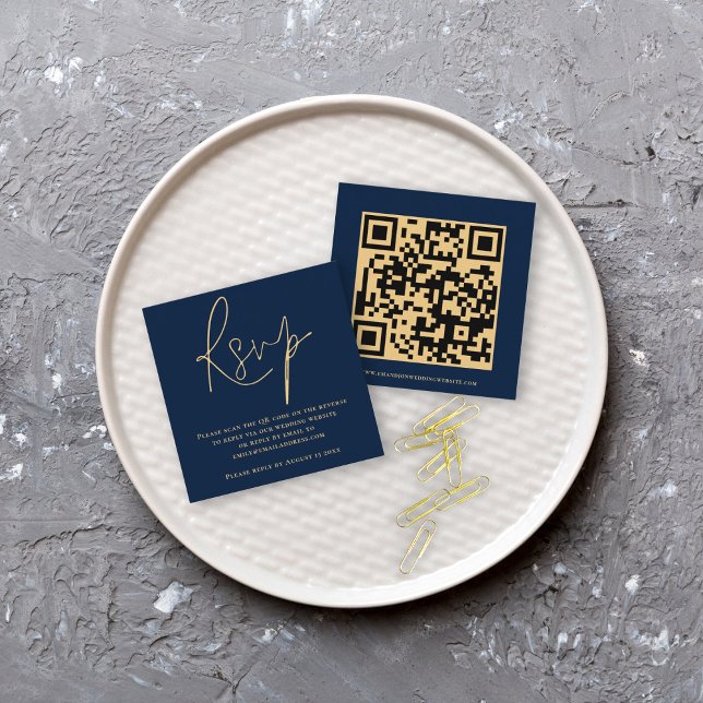 Cartão De Informações Código QR de RSPV de casamento dourado azul marinh (Criador carregado)