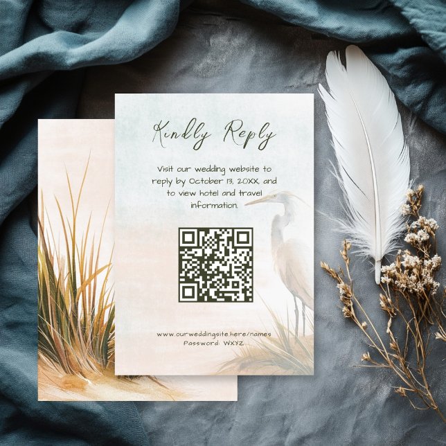 Cartão De Informações Código QR de RSVP Boho Costeira Garça (Criador carregado)