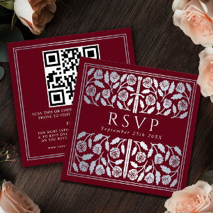 Cartão De Informações Código QR de RSVP da Espada Prata Vermelha Casamen