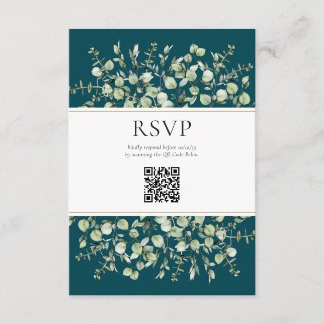 Cartão De Informações Código QR de RSVP de Casamento com Eucalipto Azul  (Frente)