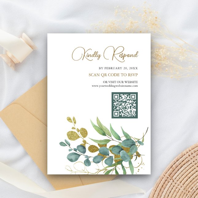 Cartão De Informações Código QR de RSVP de Casamento com Galho de Eucali (Criador carregado)