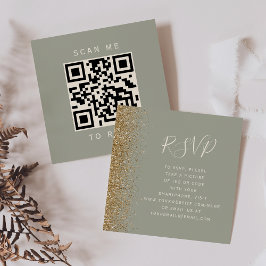 Cartão De Informações Código QR de RSVP de casamento em verde sage doura