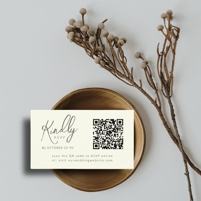 Cartão De Informações Código QR de RSVP de casamento marfim com Minimal  (Criador carregado)