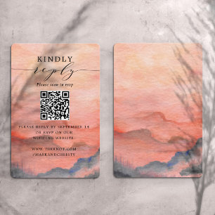 Cartão De Informações Código QR de RSVP de Casamento Montanha Pôr do Sol