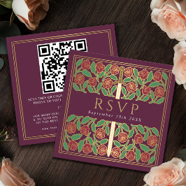 Cartão De Informações Código QR de RSVP de Casamento Real Floral Dourado