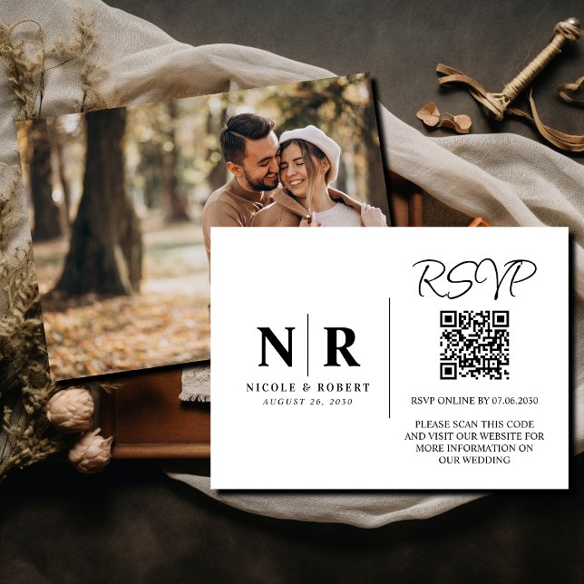 Cartão De Informações Código QR de RSVP de Monograma de Casamento Foto E (Criador carregado)
