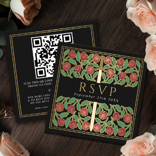 Cartão De Informações Código QR de RSVP do Casamento Floral Ouro Preto R