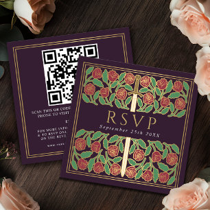 Cartão De Informações Código QR de RSVP do Casamento Real Floral Dourado