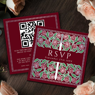 Cartão De Informações Código QR de RSVP do Casamento Real Floral Prata V