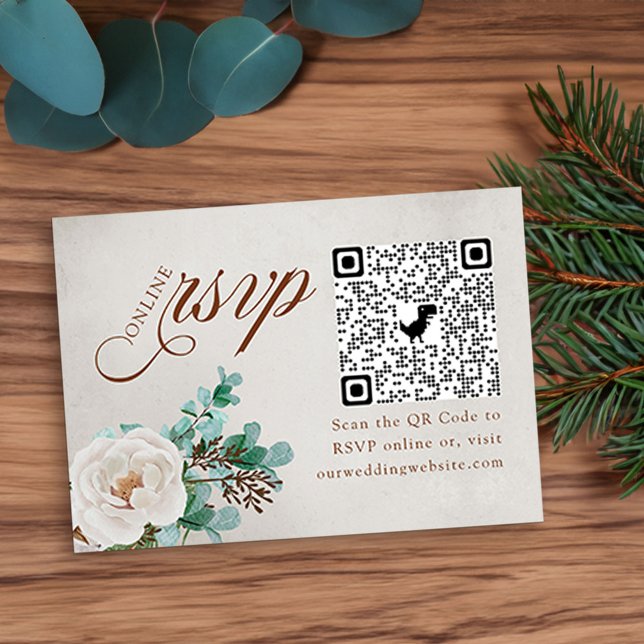 Cartão De Informações Código QR de RSVP Online de RSVP e Eucalyptus Whit (Winter Wedding Online RSVP Card with QR code, elegant calligraphy, white rose and eucaluptus)