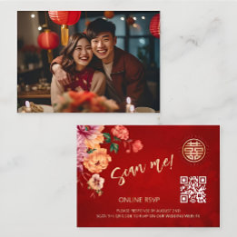 Cartão De Informações Código QR de RSVP Online para Casamento Chinês Peô