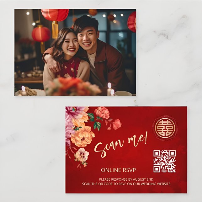 Cartão De Informações Código QR de RSVP Online para Casamento Chinês Peô (Criador carregado)