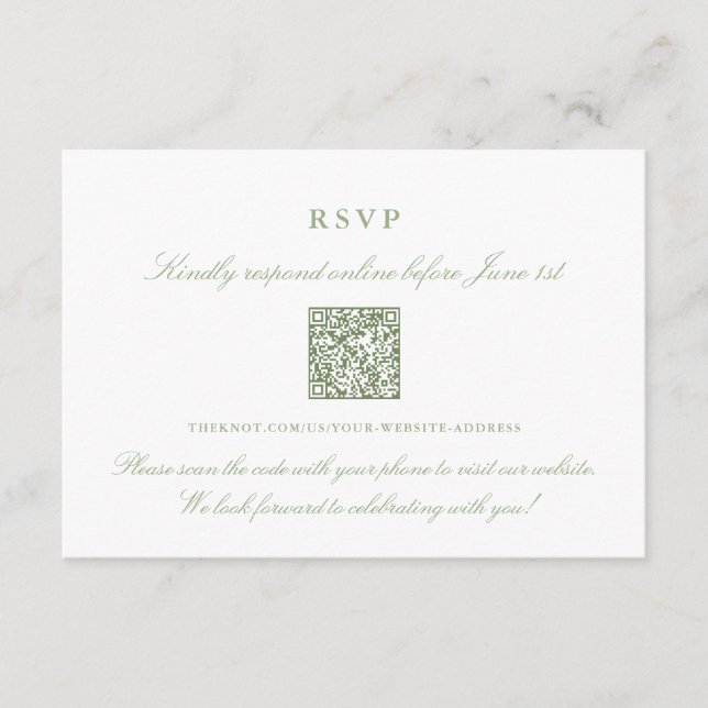 Cartão De Informações Código QR de RSVP Online RSVP Verde Elegante (Frente)
