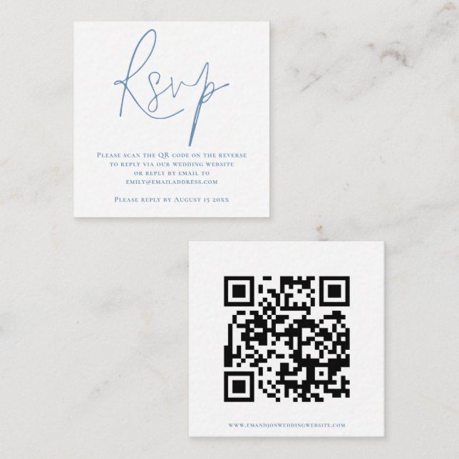Cartão De Informações Código QR de Script Casamento RSVP Branco Azul (Frente/Verso)