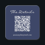 Cartão De Informações Código QR Detalhes do Casamento de Script Azul de<br><div class="desc">Simples Marinho Azul e Branco Detalhes do Casamento do Script QR Code Enclosure Card</div>