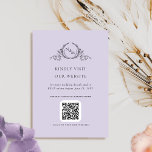 Cartão De Informações Código QR do Monograma de Lavanda Elegante / RSVP<br><div class="desc">Solicite aos seus convidados que visitem o seu website para obter detalhes e/ou para RSVP online com este elegante cartão de cerimônia de núpcias de casamento com um código QR e um belo monograma desenhado à mão com as iniciais do casal. Cor de fundo púrpura da lavanda atrativa na frente...</div>