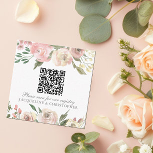 Cartão De Informações Código QR do Registro de Casamento Floral Cor-de-R