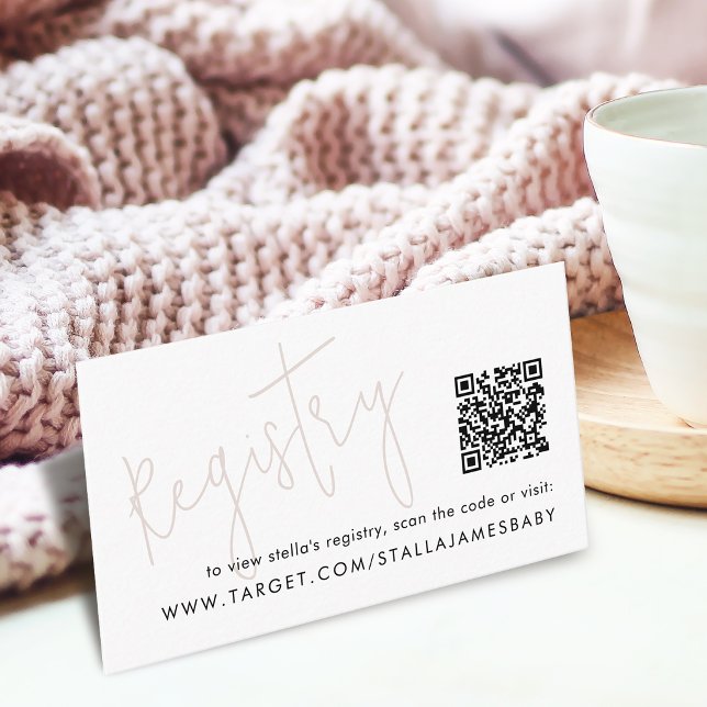 Cartão De Informações Código QR do Registro de Chuvada de Bebê Rosa com  (Modern Script Pink Baby Shower QR Code Registry Enclosure Card)