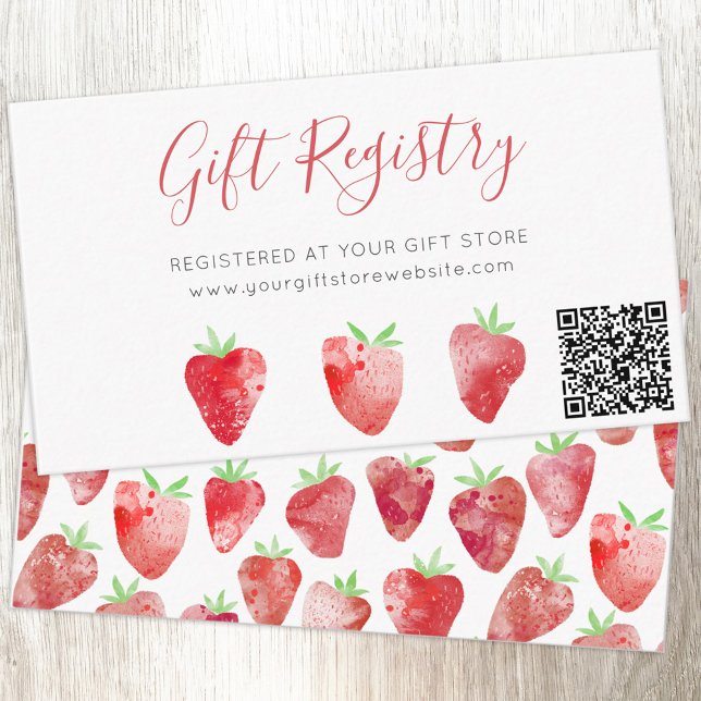 Cartão De Informações Código QR do Registro de Ofertas de Chá de fraldas (Baby shower berry sweet watercolor strawberry gift registry QR code enclosure card)
